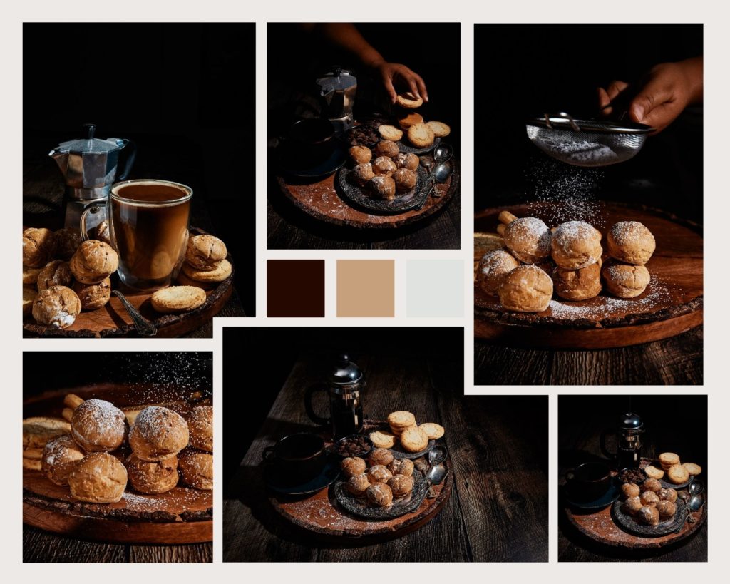 Collage of creme puffs and coffee